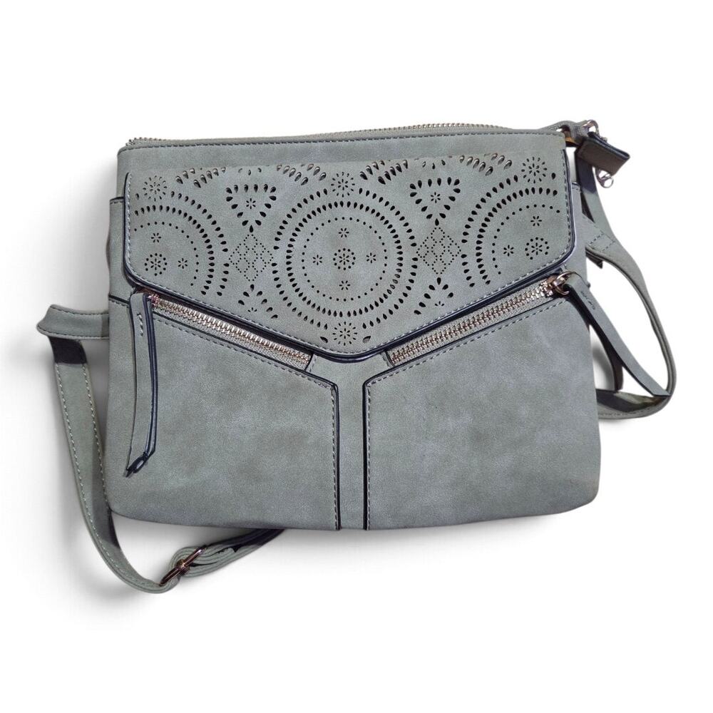 DS Fashion Gray Laser Cut Crossbody Bag Adjustable Strap Multi Pocket